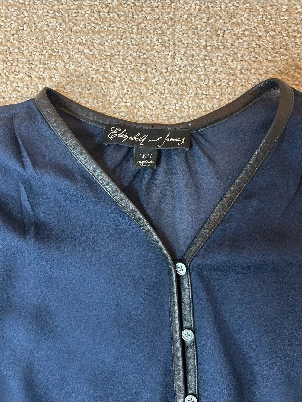 Elizabeth And James Navy Silk and Leather Chantal Blouse Size XS